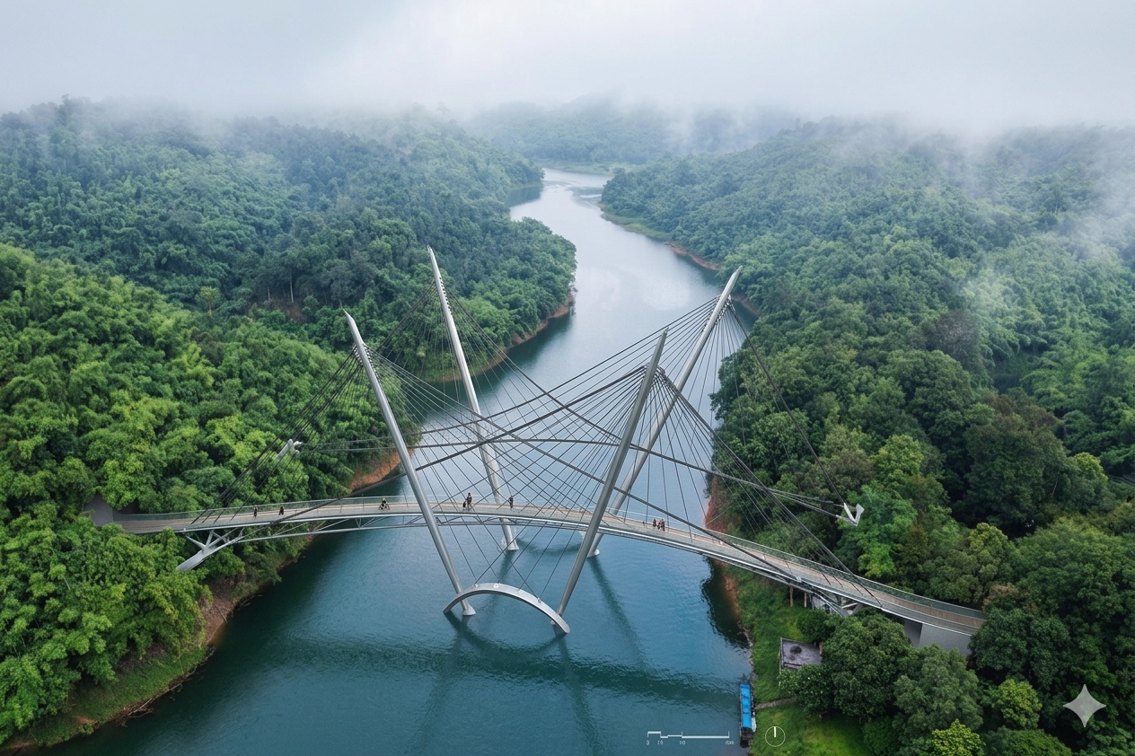 Alternate aerial view of the bridge crossing the forested river