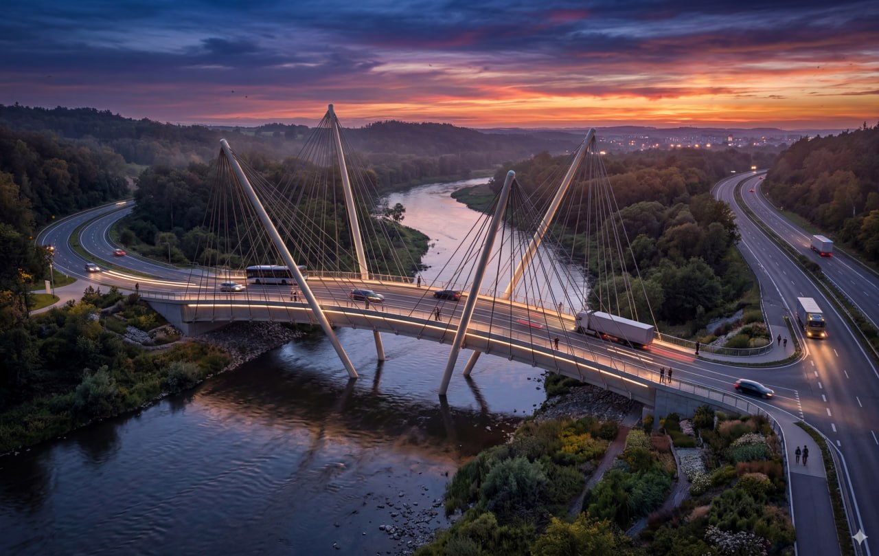 Bridge with its approach road curving through the landscape at dusk