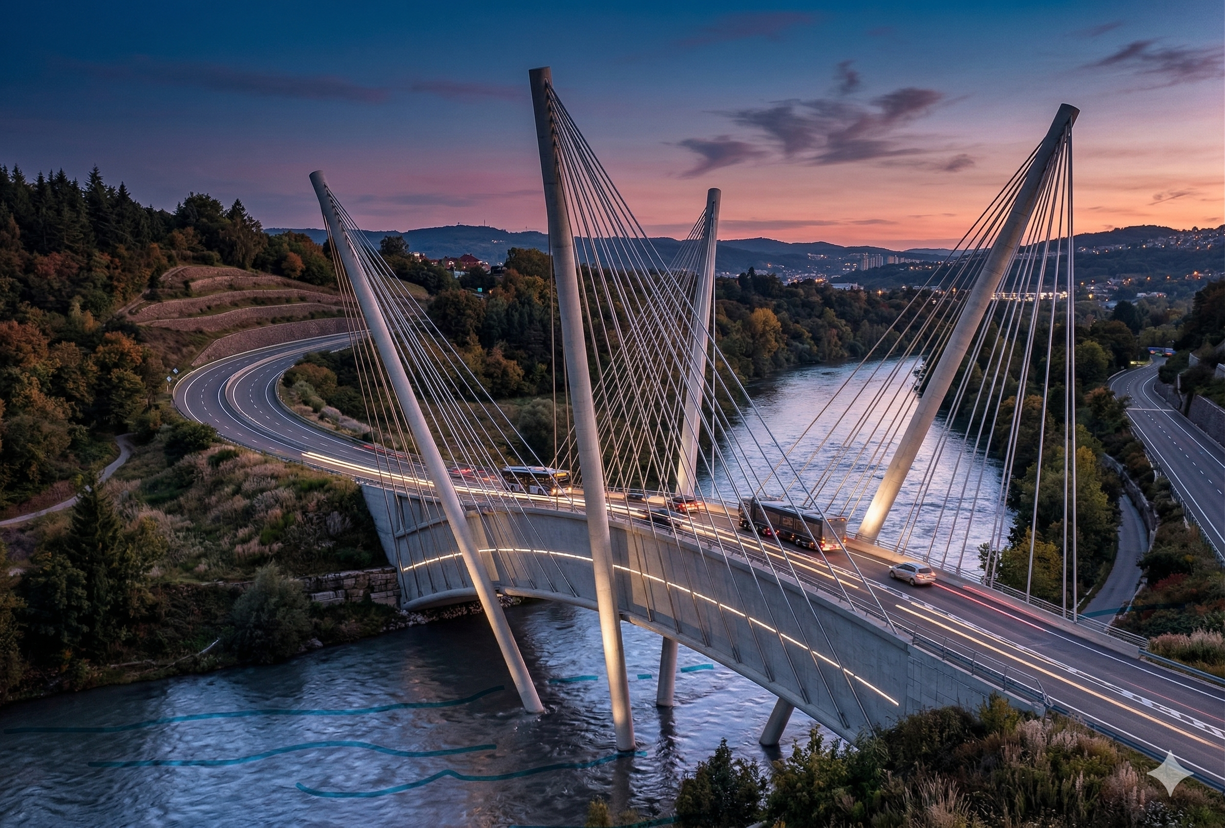Bridge at sunset seen along the deck with masts against the sky