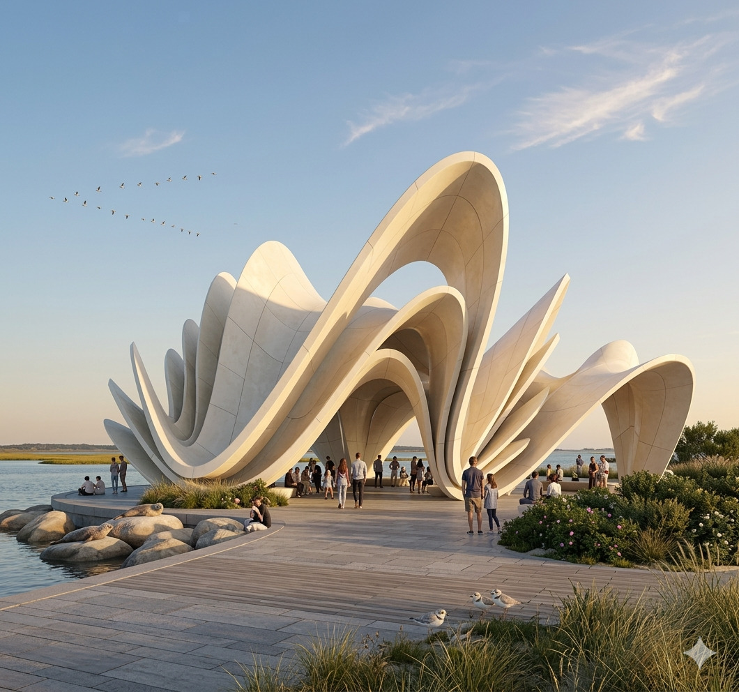 Rendered variant with tall vaulted shells at dusk