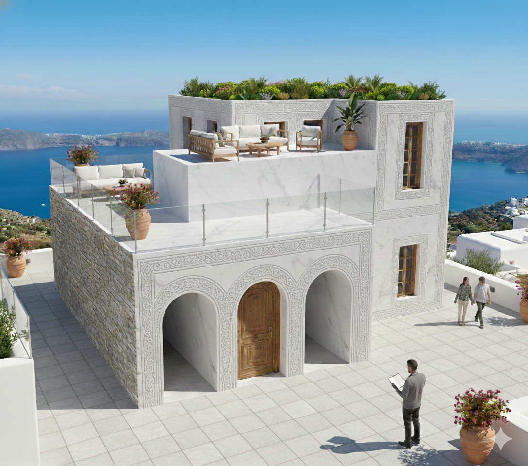 Courtyard house rendered in white stucco above the sea