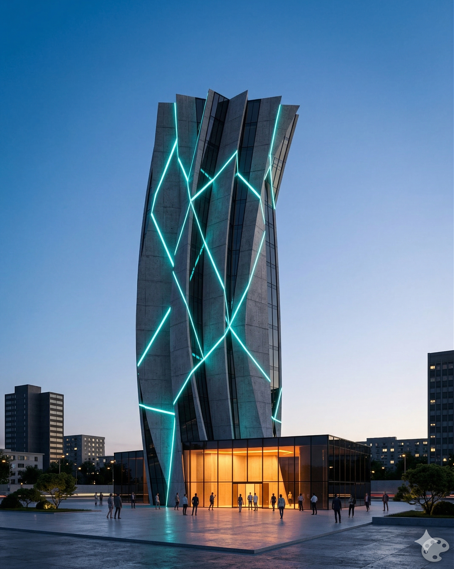 Tower rendered at night with illuminated teal glazing between structural fins