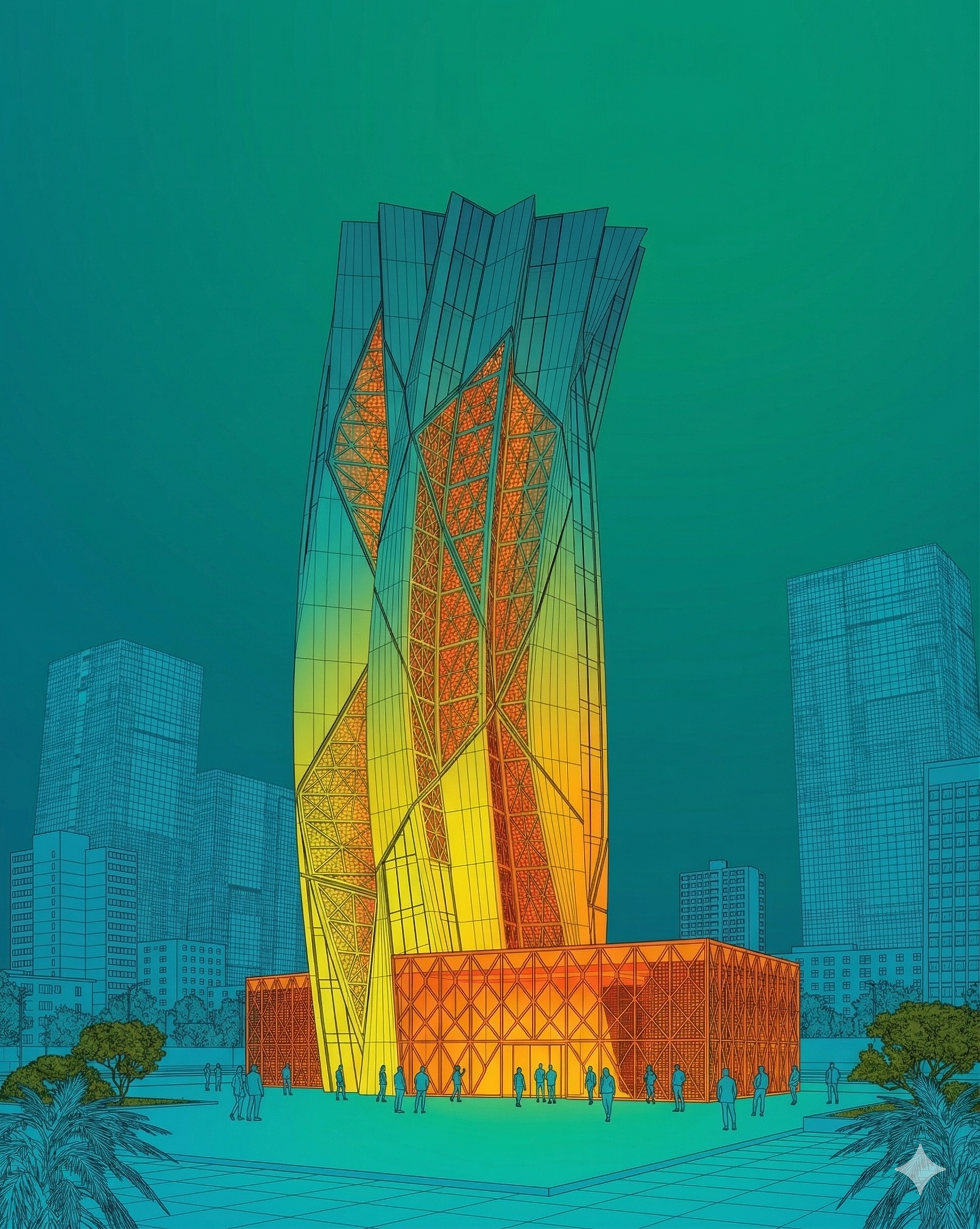 Tower rendered as a saturated colour field against a teal ground