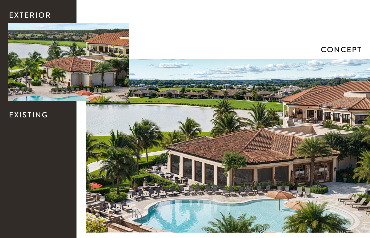 Comparison board showing the existing lakeside clubhouse and pool terrace beside the proposed concept