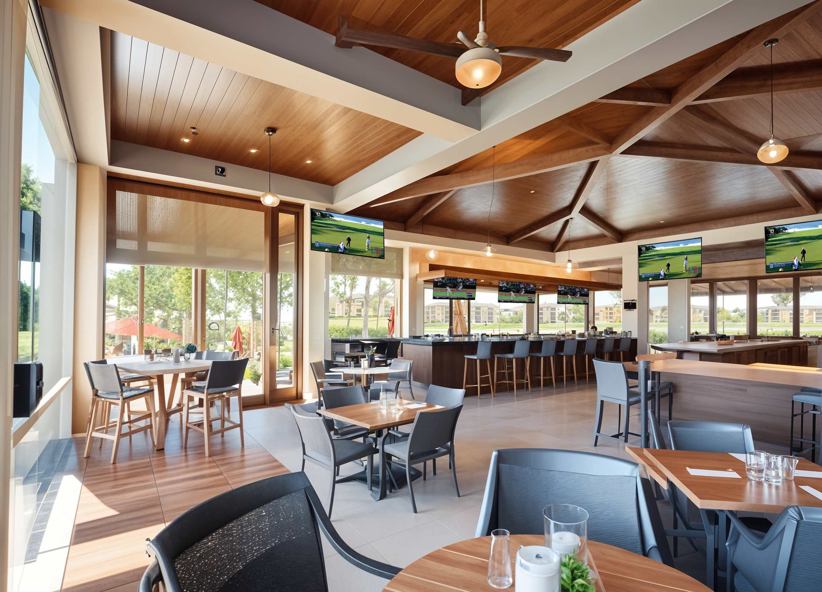 Clubhouse grill room with cedar-clad exposed truss ceiling, bar seating and glazing onto the course