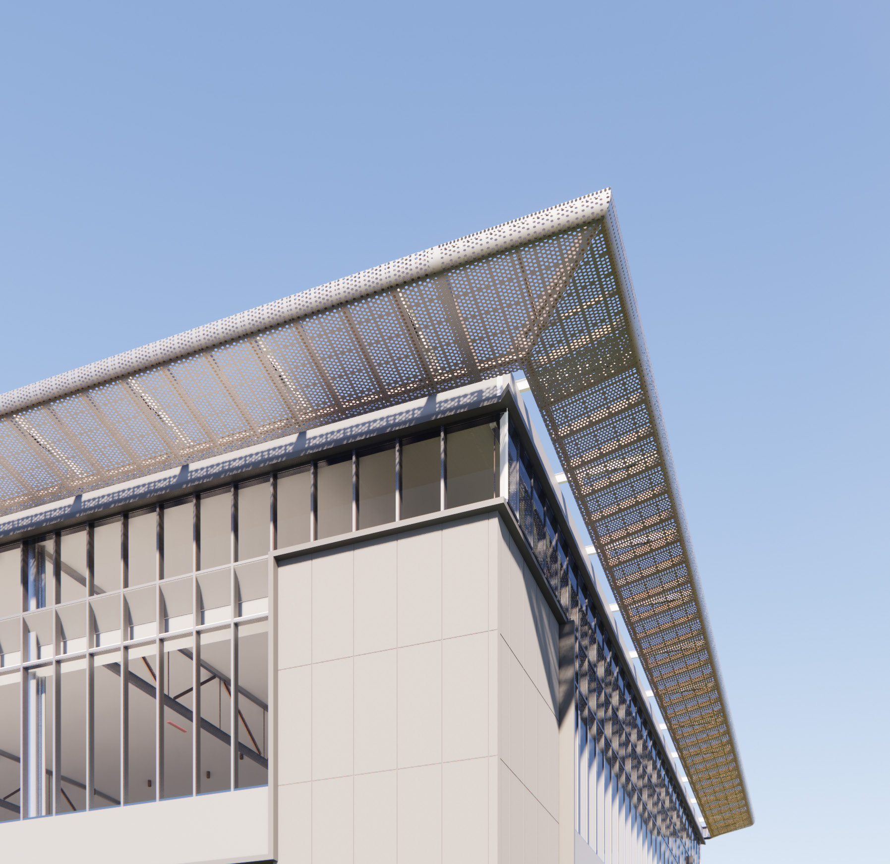 Close view of the perforated metal canopy cantilevering past the building corner
