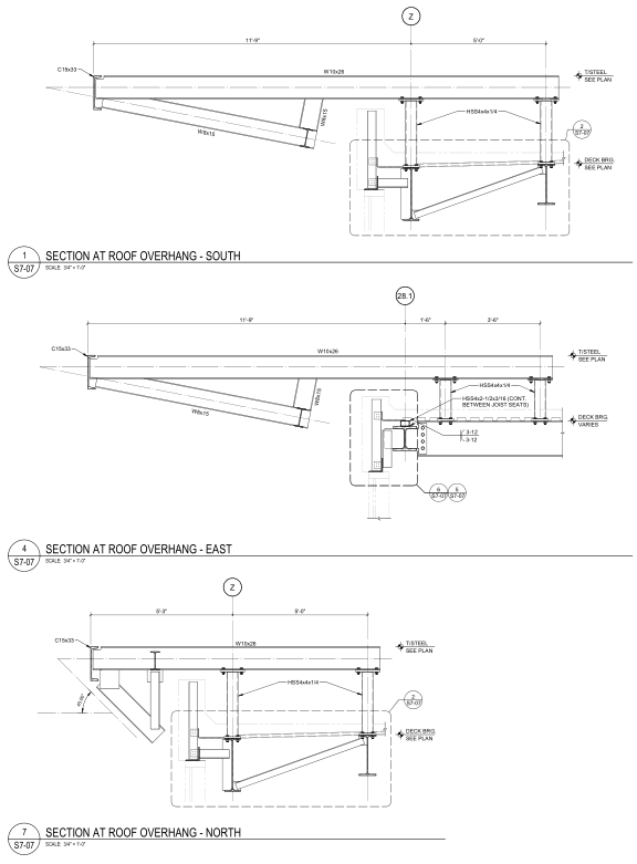 Structural sections at the roof overhang showing edge beam, diagonal strut and outrigger tubes