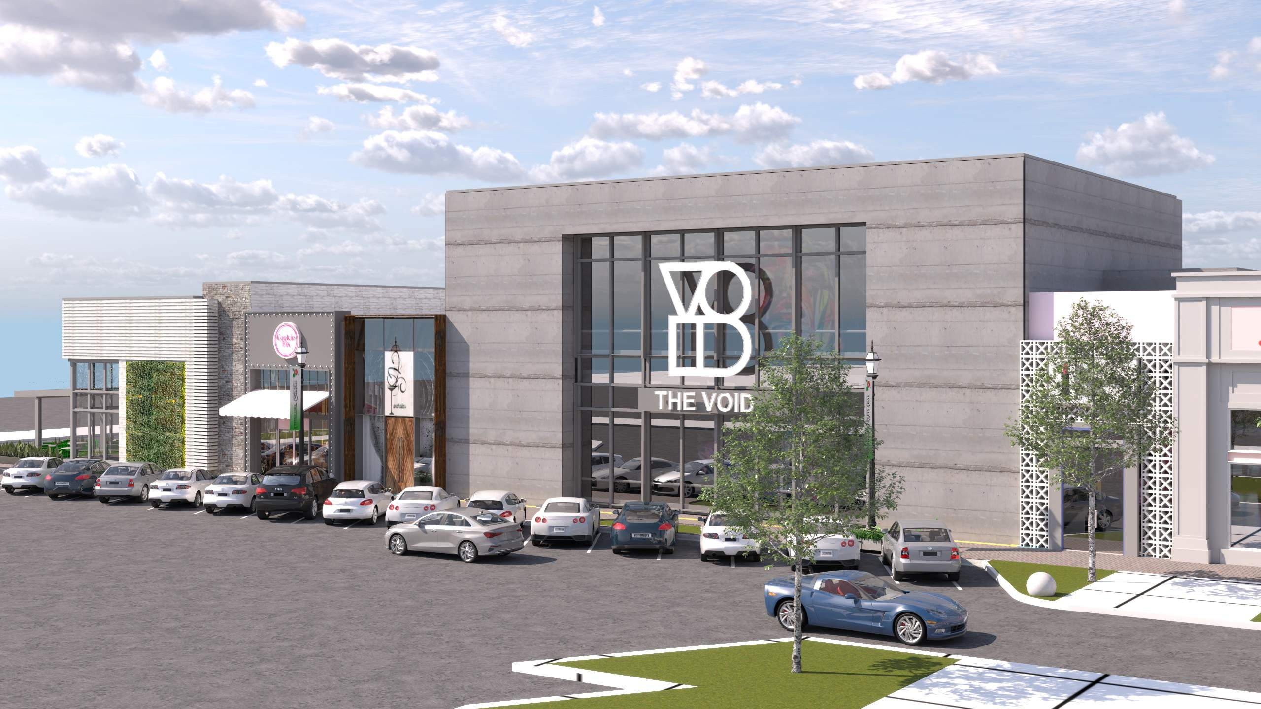 Retail storefront in board-formed concrete with a full-height glazed bay, adjacent shops beyond