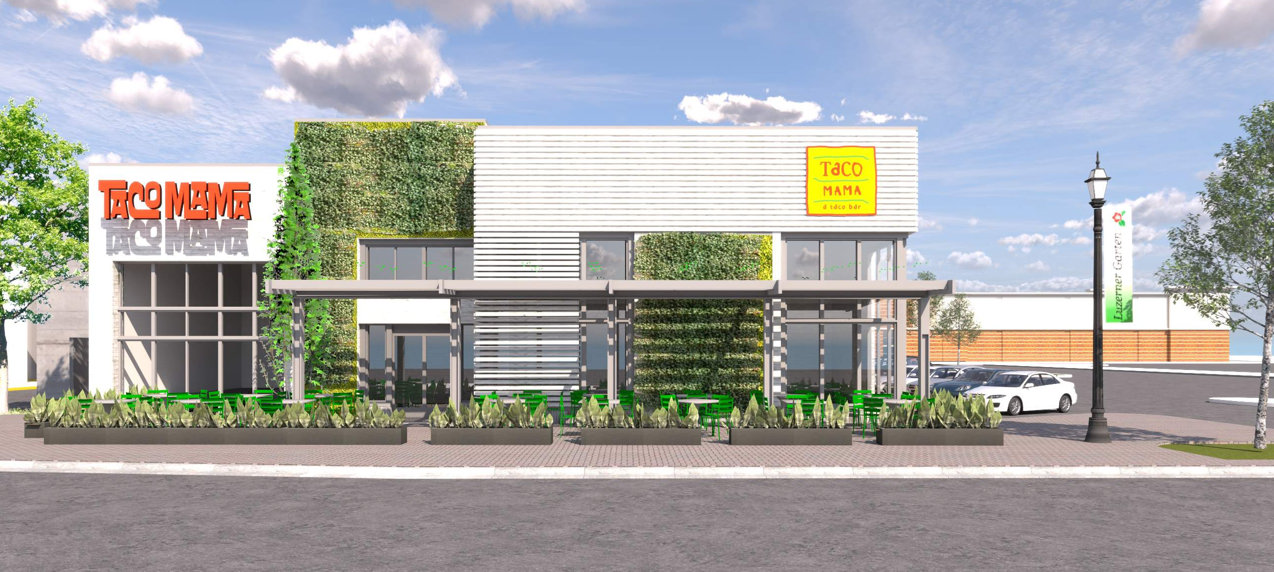 Restaurant elevation combining a living green wall, white corrugated metal and a steel trellis over sidewalk seating