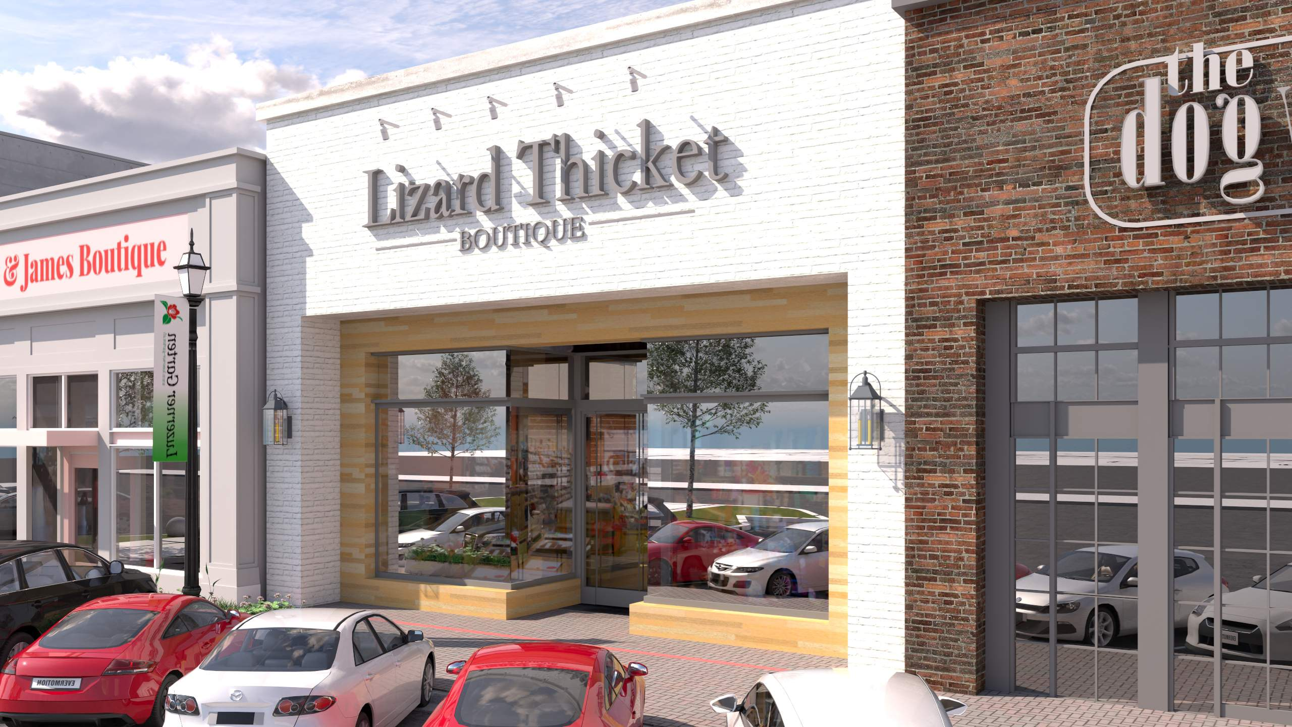 Boutique storefront in white painted brick with a recessed wood-lined entry and large display window