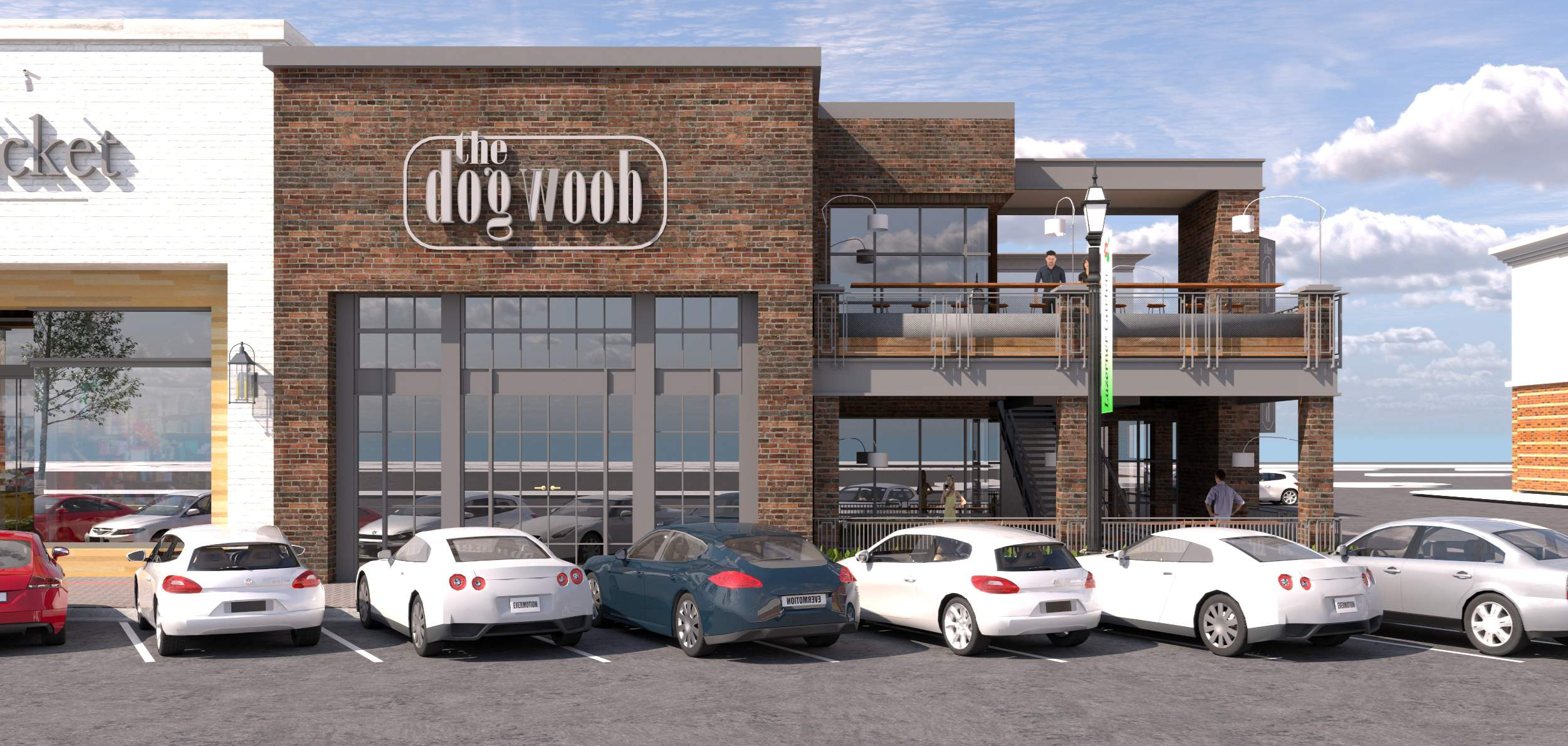 Restaurant in salvaged brick with tall storefront glazing and an occupied second-floor terrace over the walk