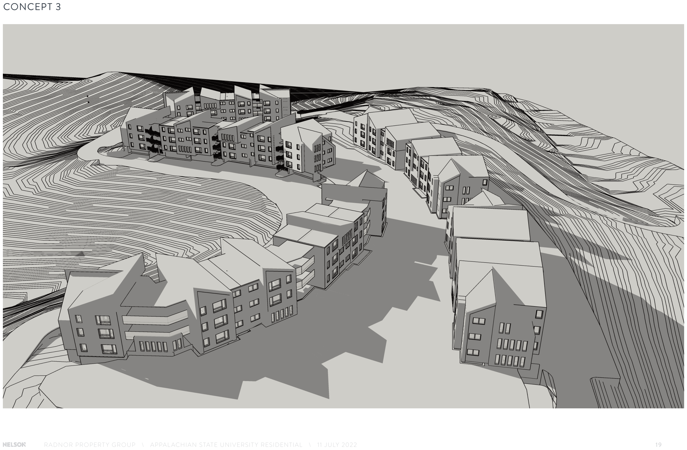 Alternate massing concept 3, buildings arrayed along the hillside contours