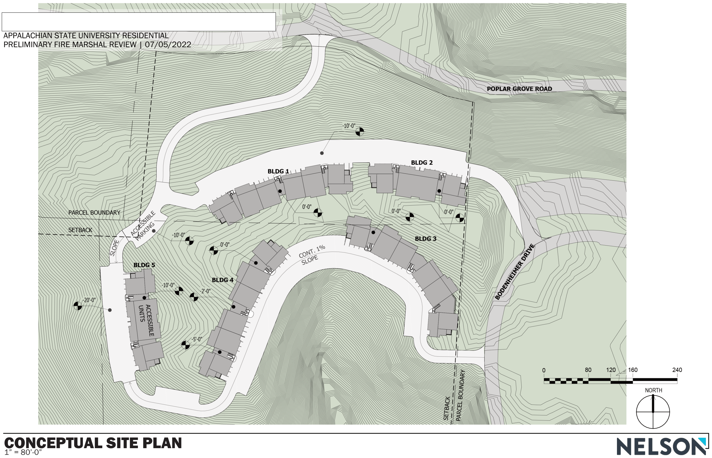 Conceptual site plan showing five buildings set into the contours between two roads