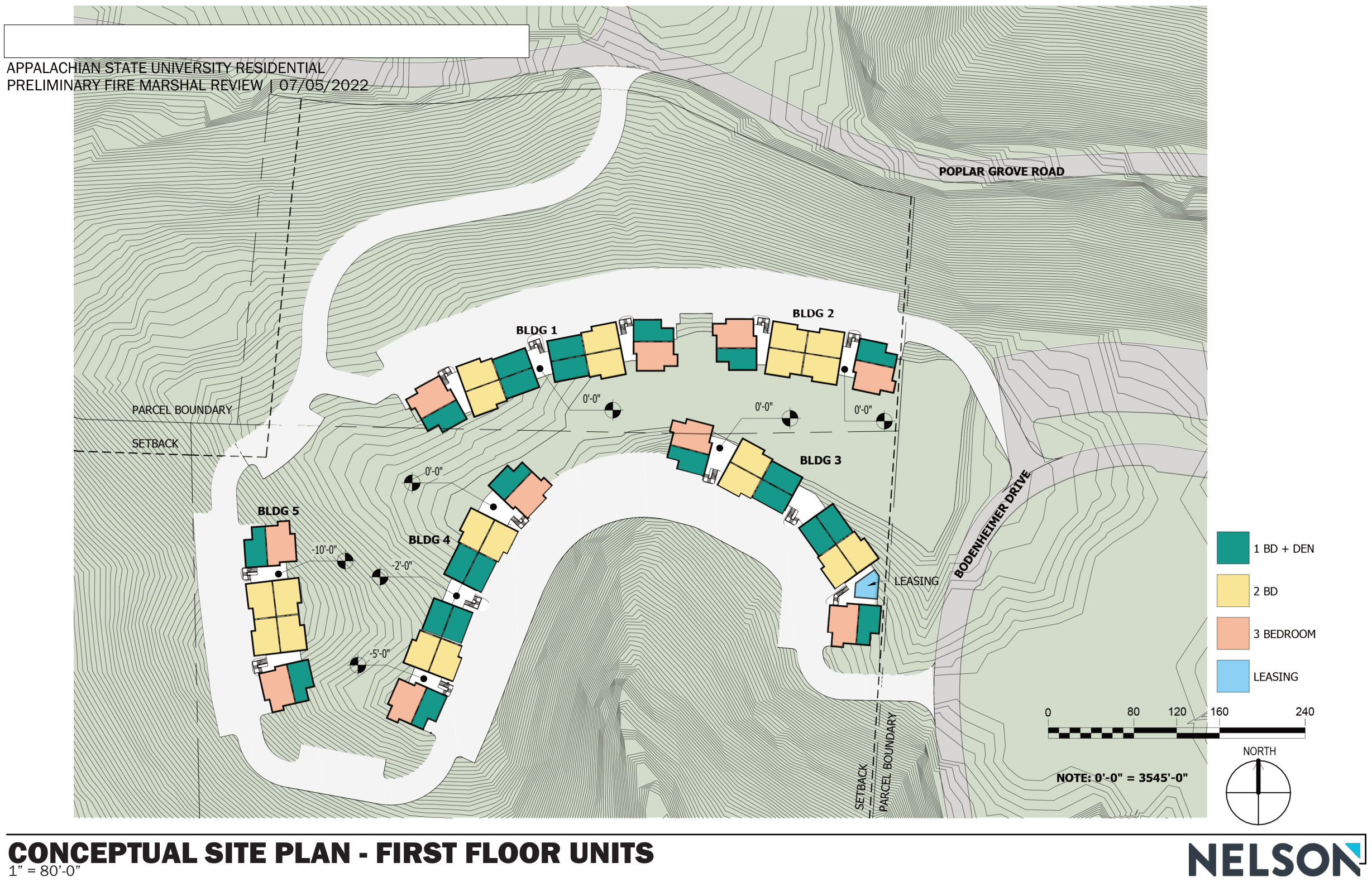 Colour-coded site plan showing first floor unit distribution by bedroom count