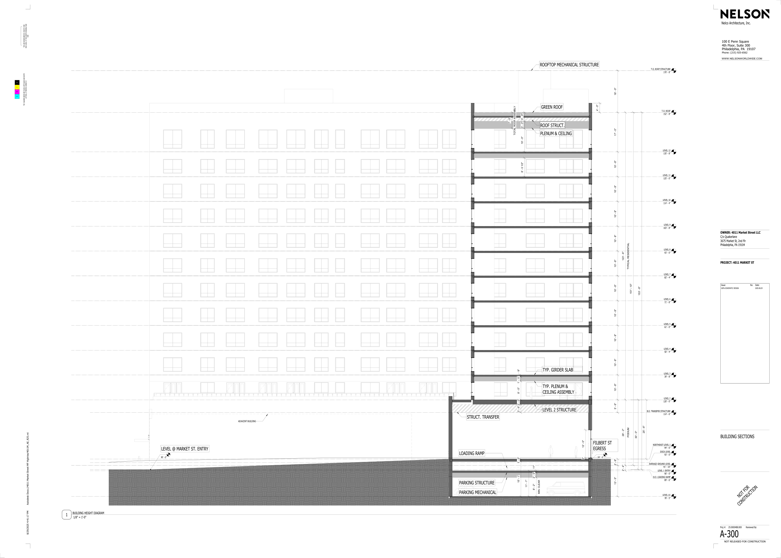 Building section cut through the residential floors, podium and parking