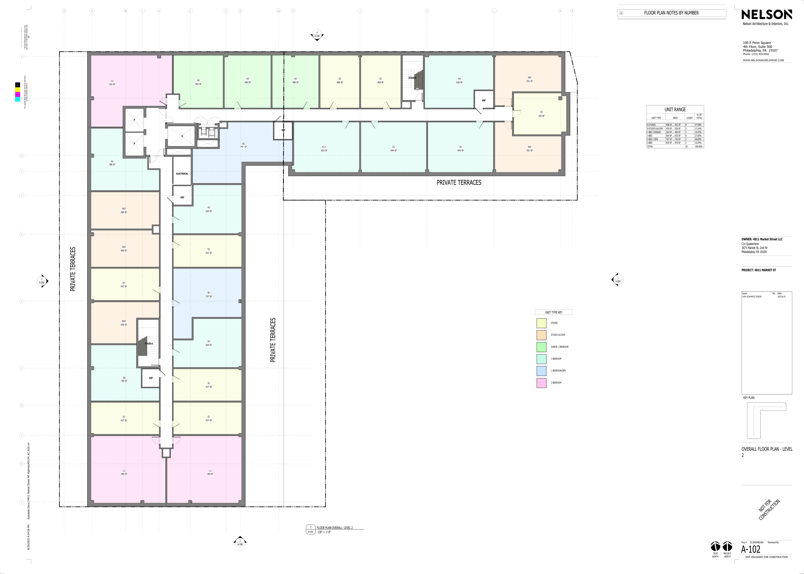 Typical residential floor plan with colour-coded unit types and private terraces