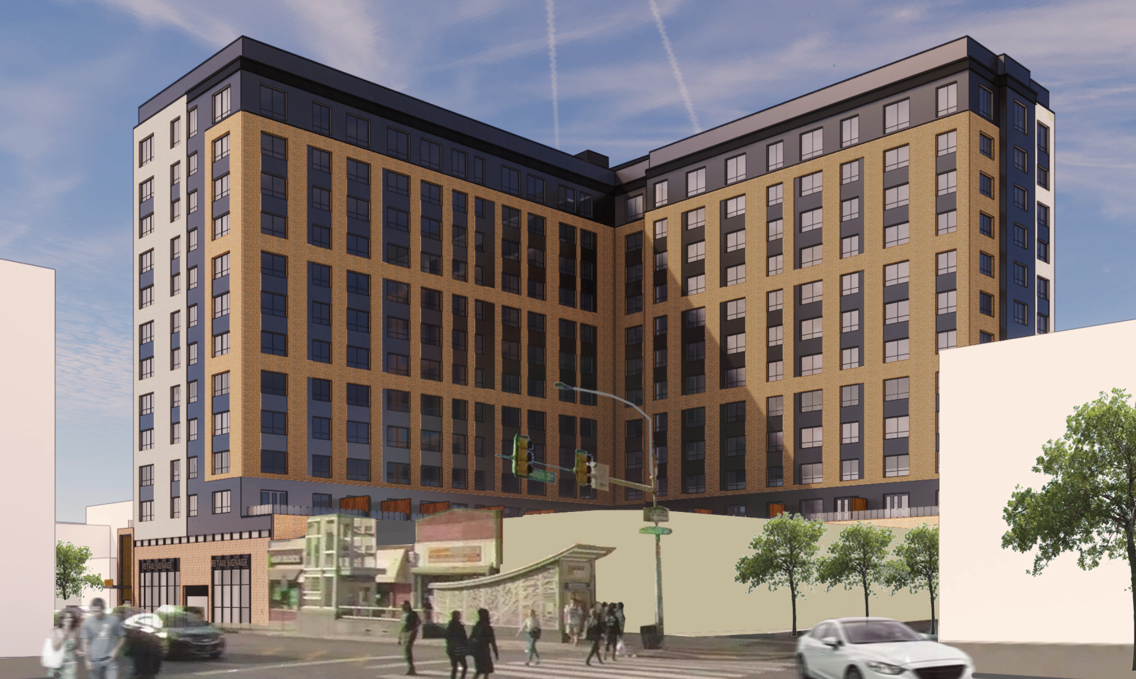 Street-level rendering of a twelve storey brick and metal panel apartment building wrapping the corner of 40th and Market Streets