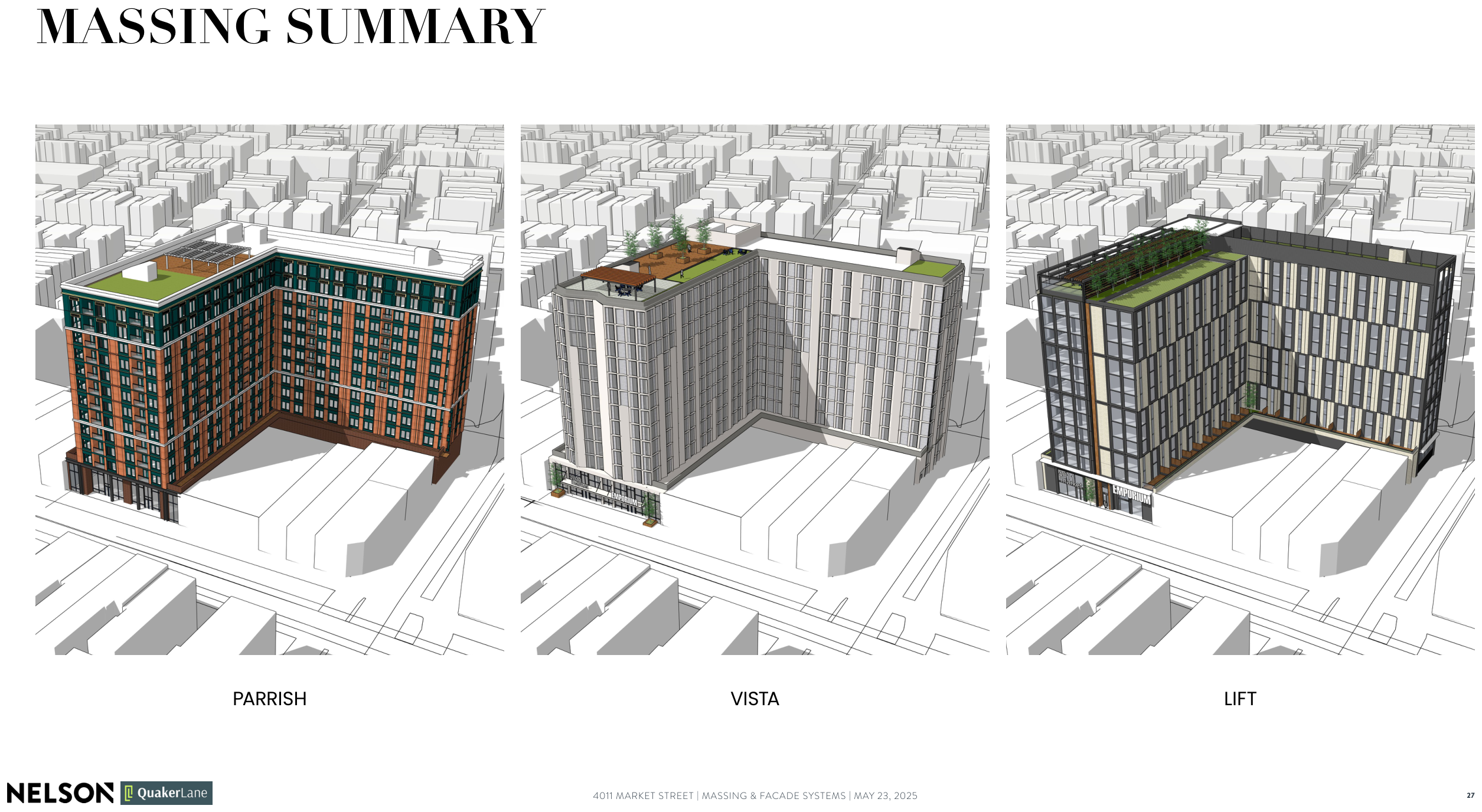 Three massing schemes named Parrish, Vista and Lift shown side by side in the same white city context