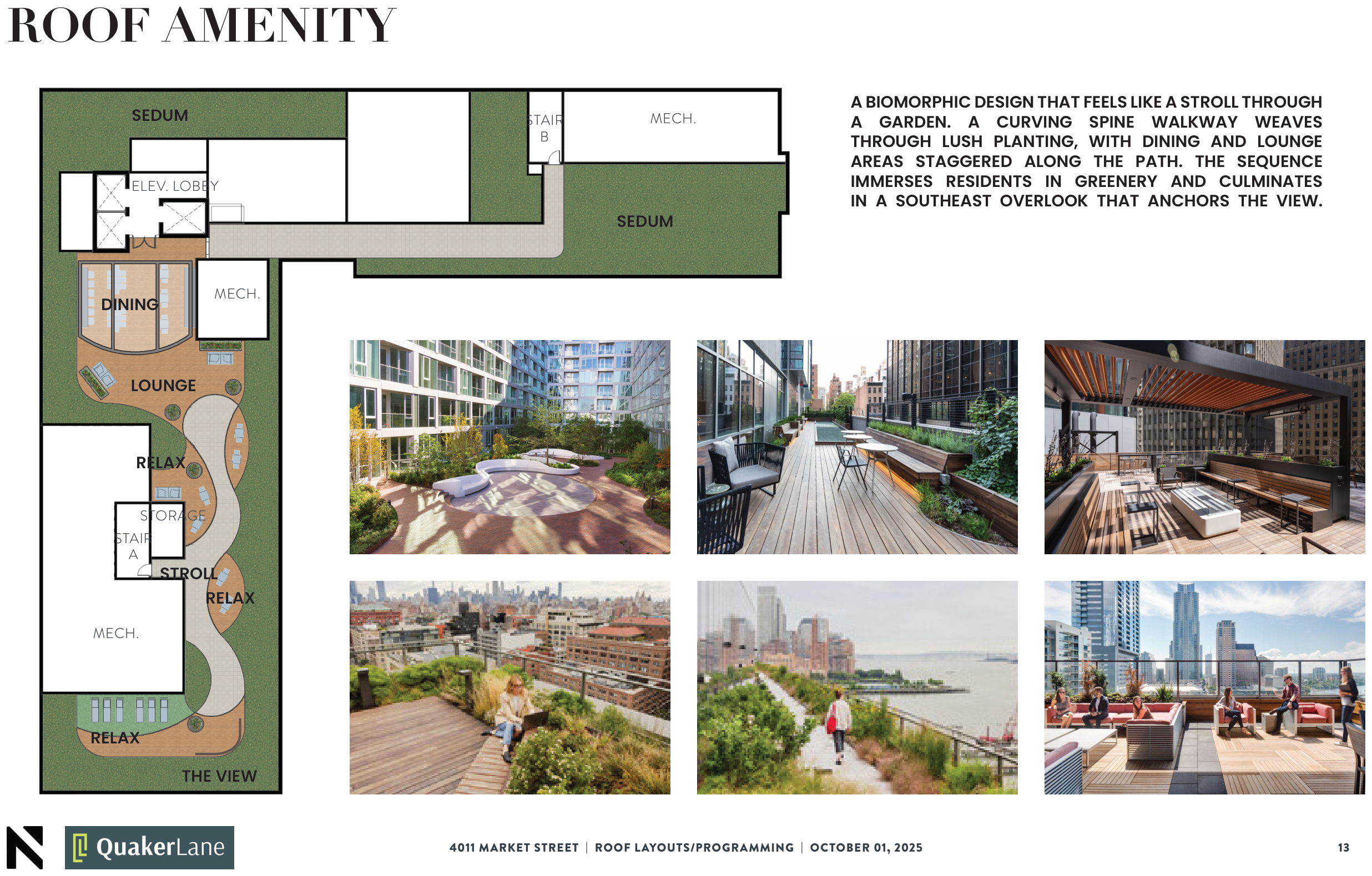 Roof amenity plan showing a curving walkway through planting linking dining, lounge and play zones