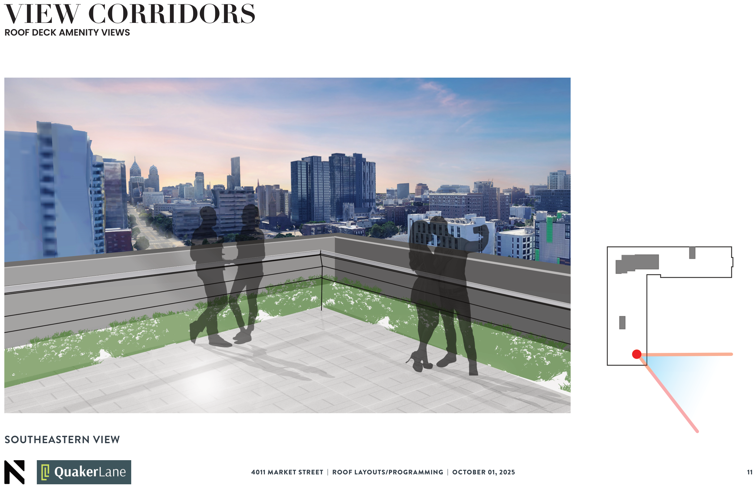 Rendered view from the roof deck looking southeast toward the Center City skyline