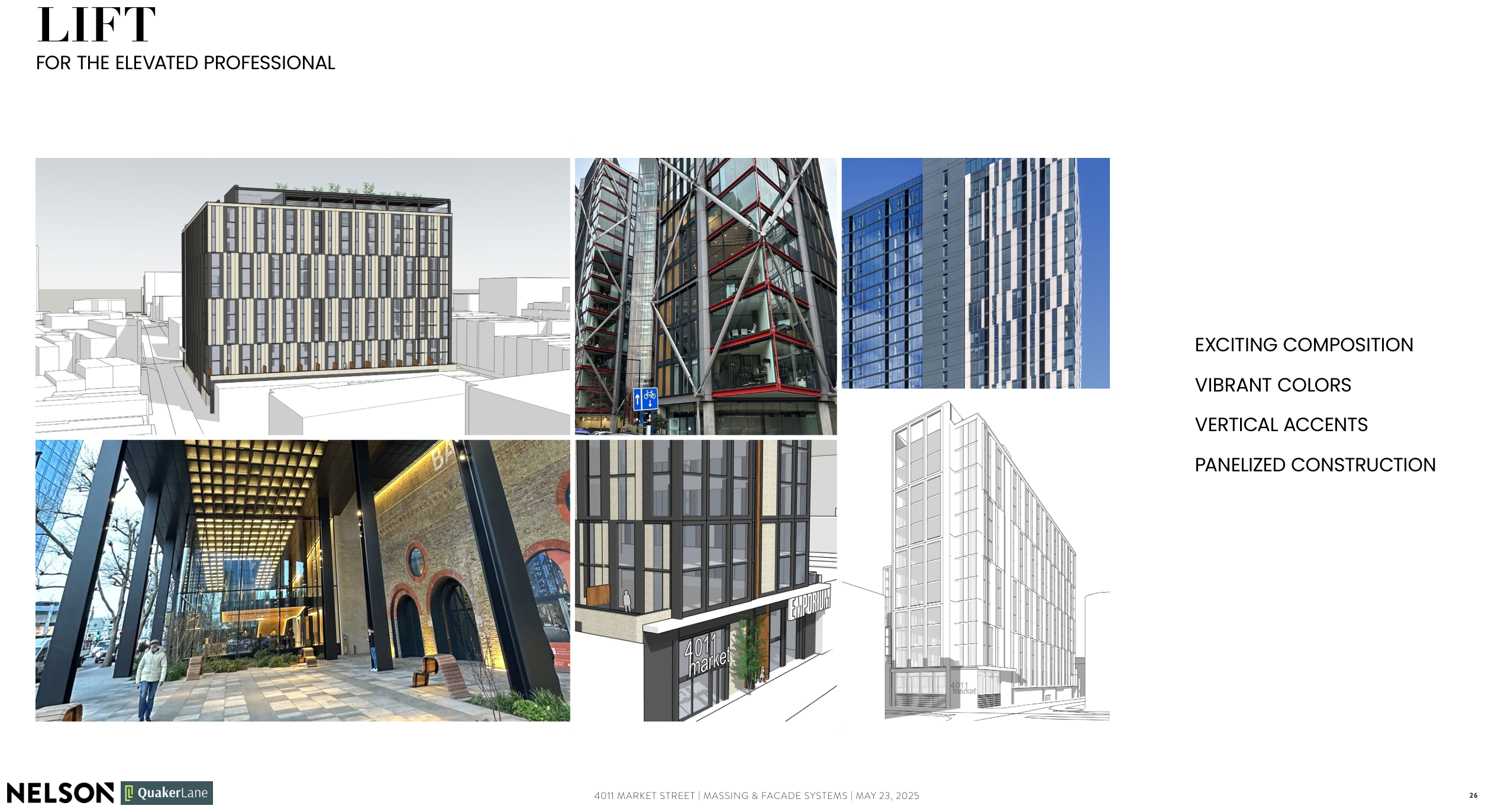 The Lift scheme with a dark exterior frame and vertical colour accents