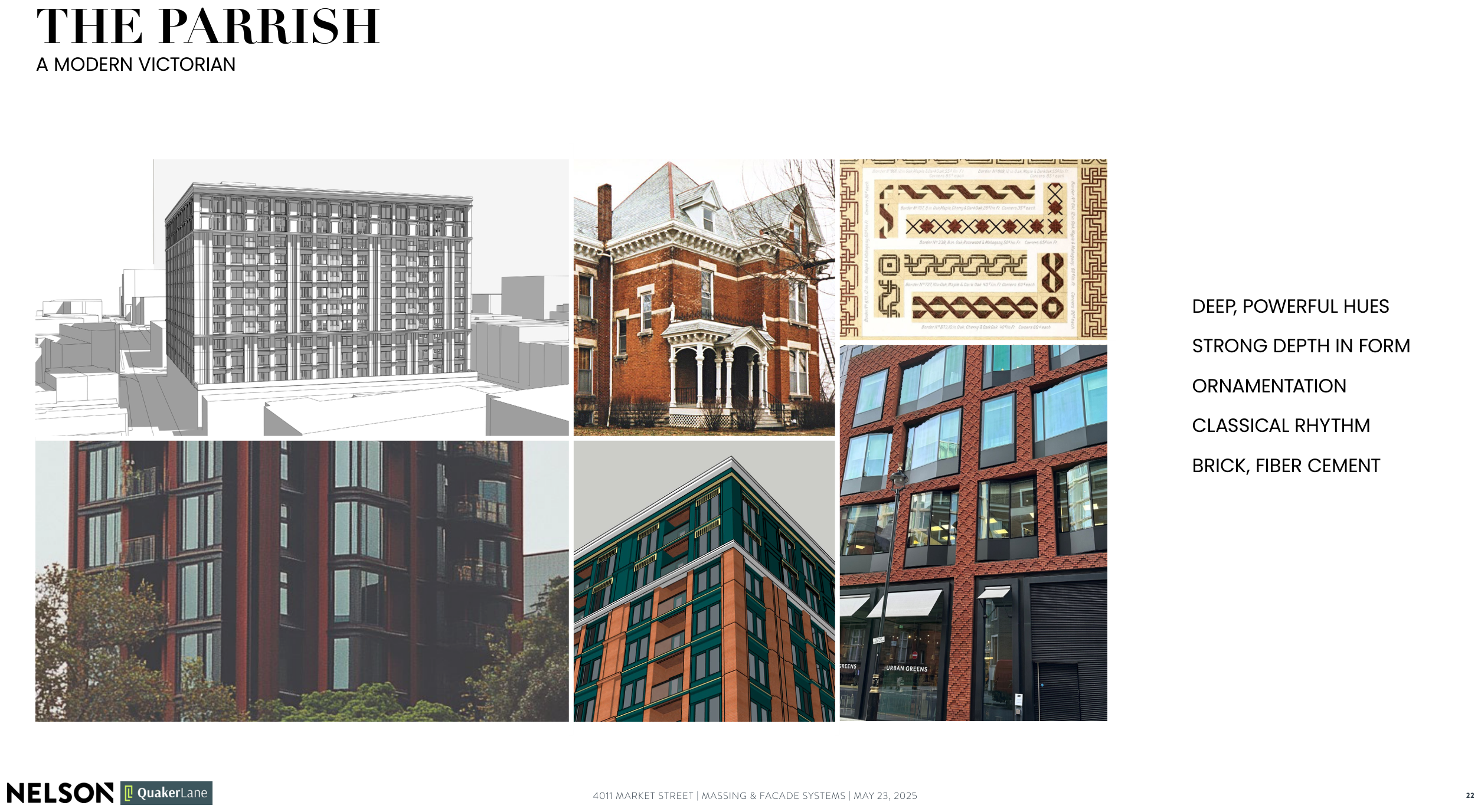 The Parrish scheme with deep hues, ornamented rhythm and a brick bay structure