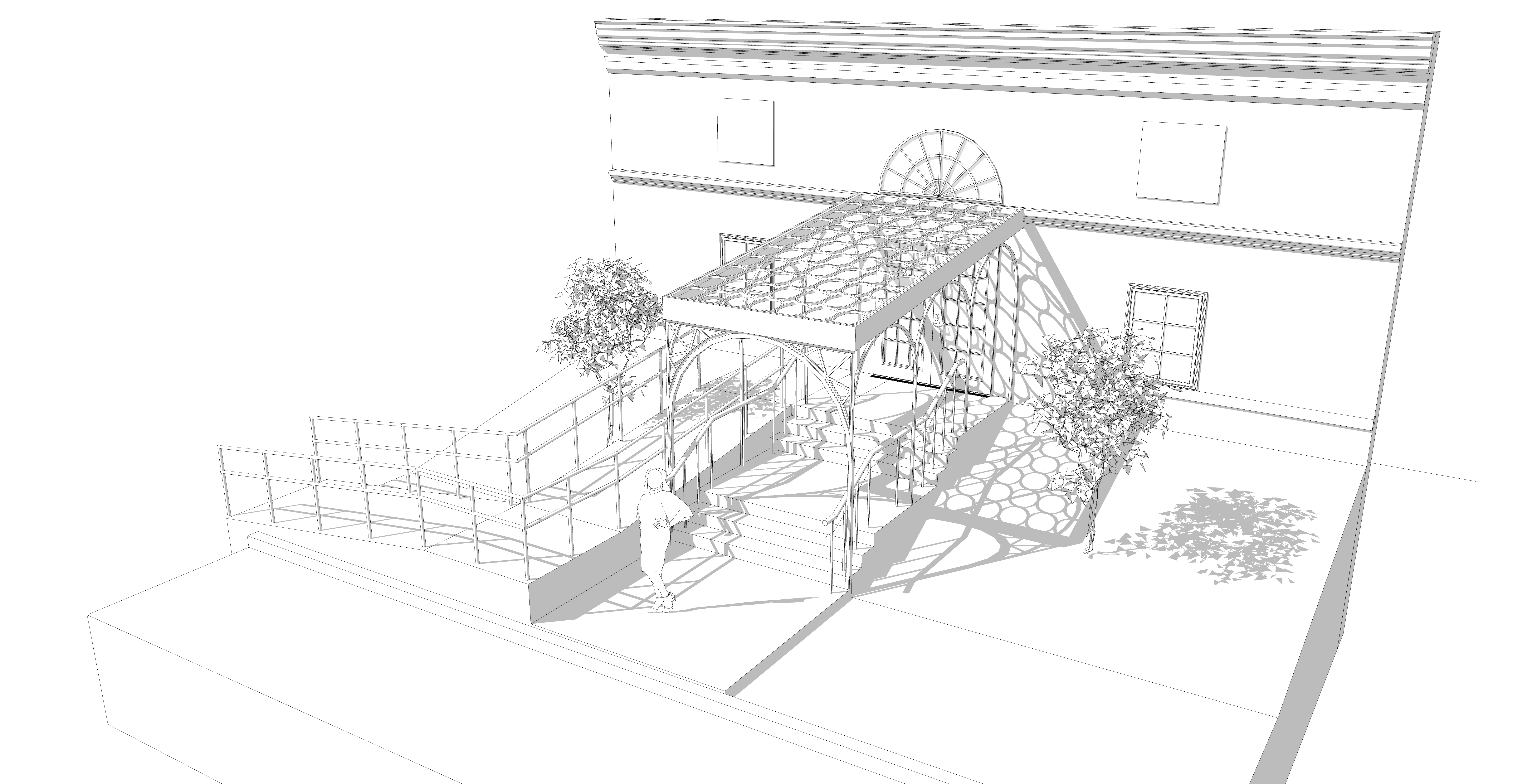 Line drawing, option 3: ornamental steel lattice canopy on pointed arches casting a patterned shadow